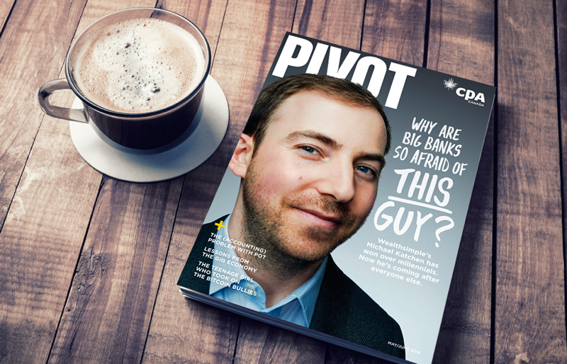 May 2018 CPA Canada Pivot magazine siting on a wooden table beside a cup of coffee