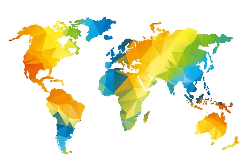 Map of the world with countries highlighted in different colours of the rainbow. 